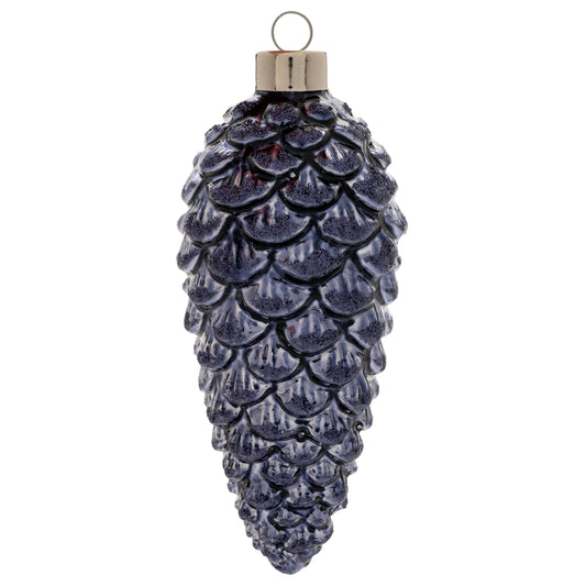 Navy Glitter Pinecone LG Glass Ornament