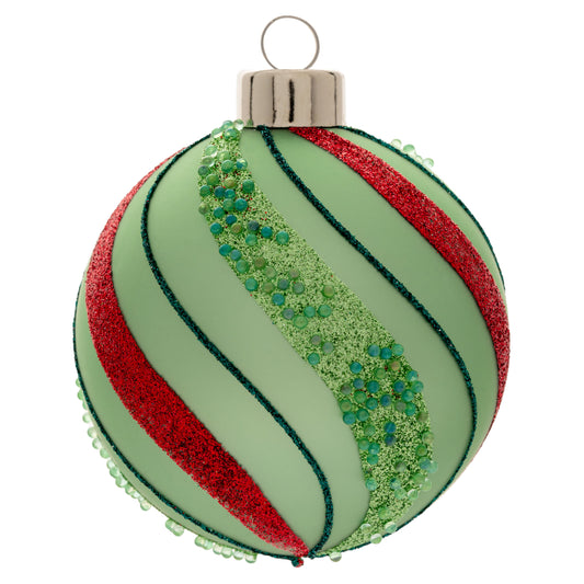 Green Glitter Striped Ball Glass Ornament