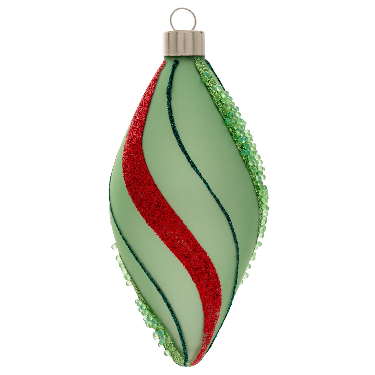 Green Glitter Striped Teardrop Glass Ornament