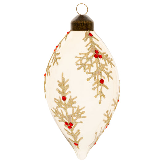 Holly Branch Teardrop Glass Ornament