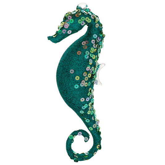 Teal GLitter Seahorse Glass Ornament