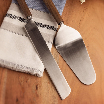 Wood Cake Servers on a lisbon tea towel. 