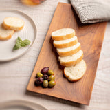 Bali teak rectangular tray with bread and olives. 