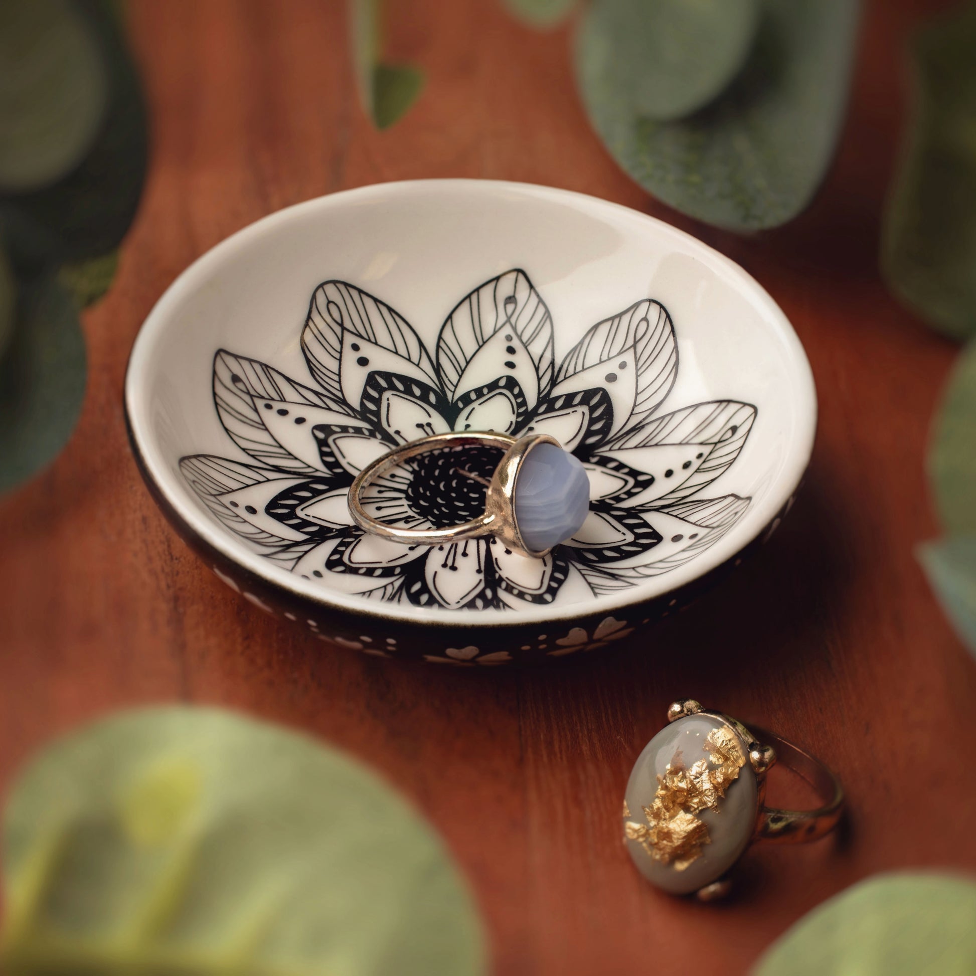 Flower Boho Ring Bowl on a table. 