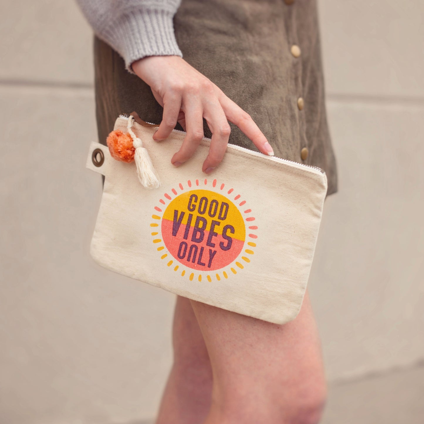 Person holding Good Vibes Only Cotton Canvas Carry All. 