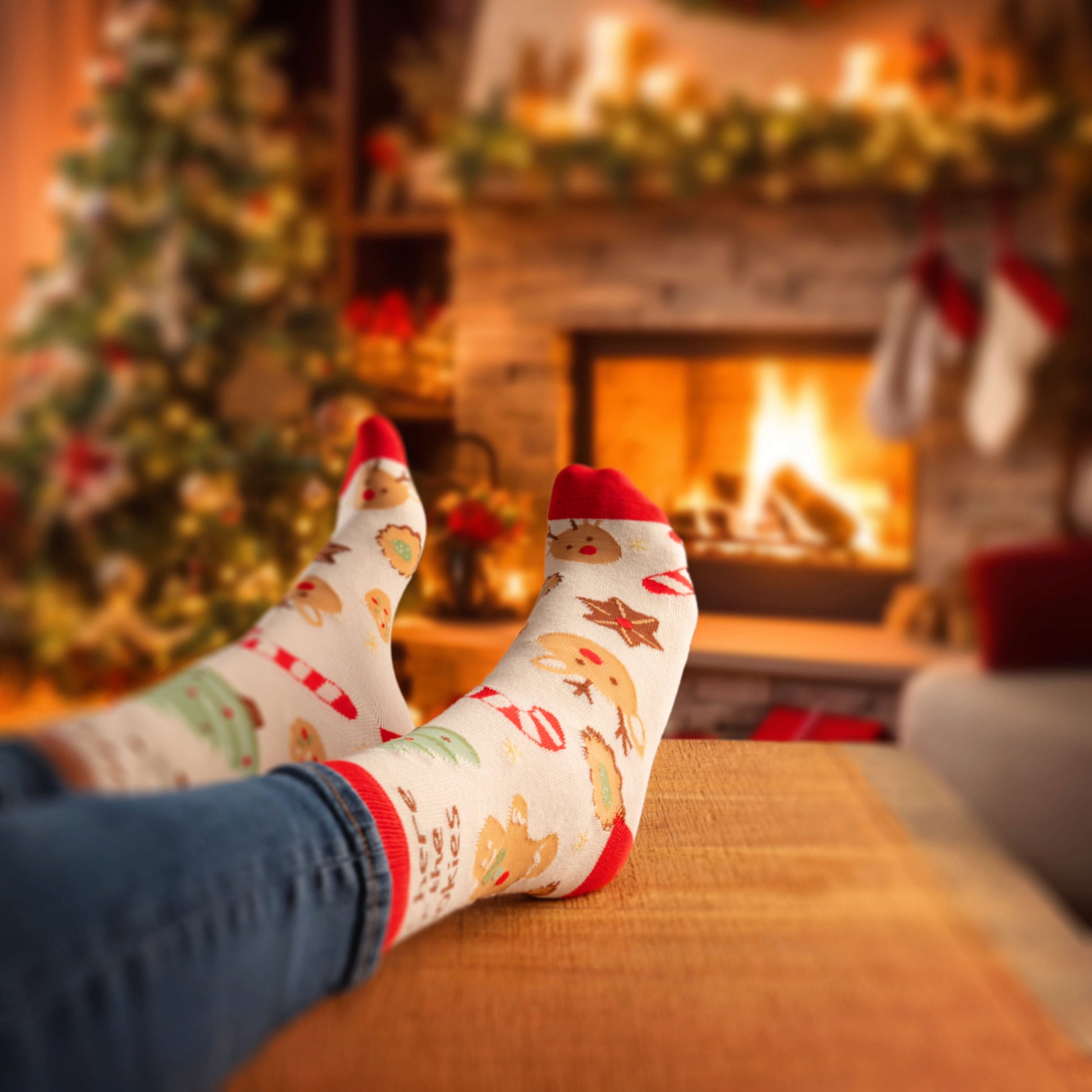 Person wearing Cookies Holiday Socks with holiday decorations on a fire place in the background. 