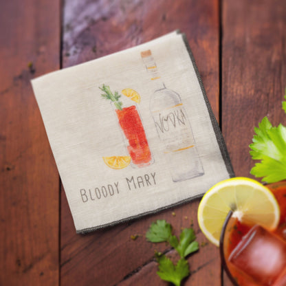 Speakeasy Linen Cocktail Napkins blood mary napkin on a table. 