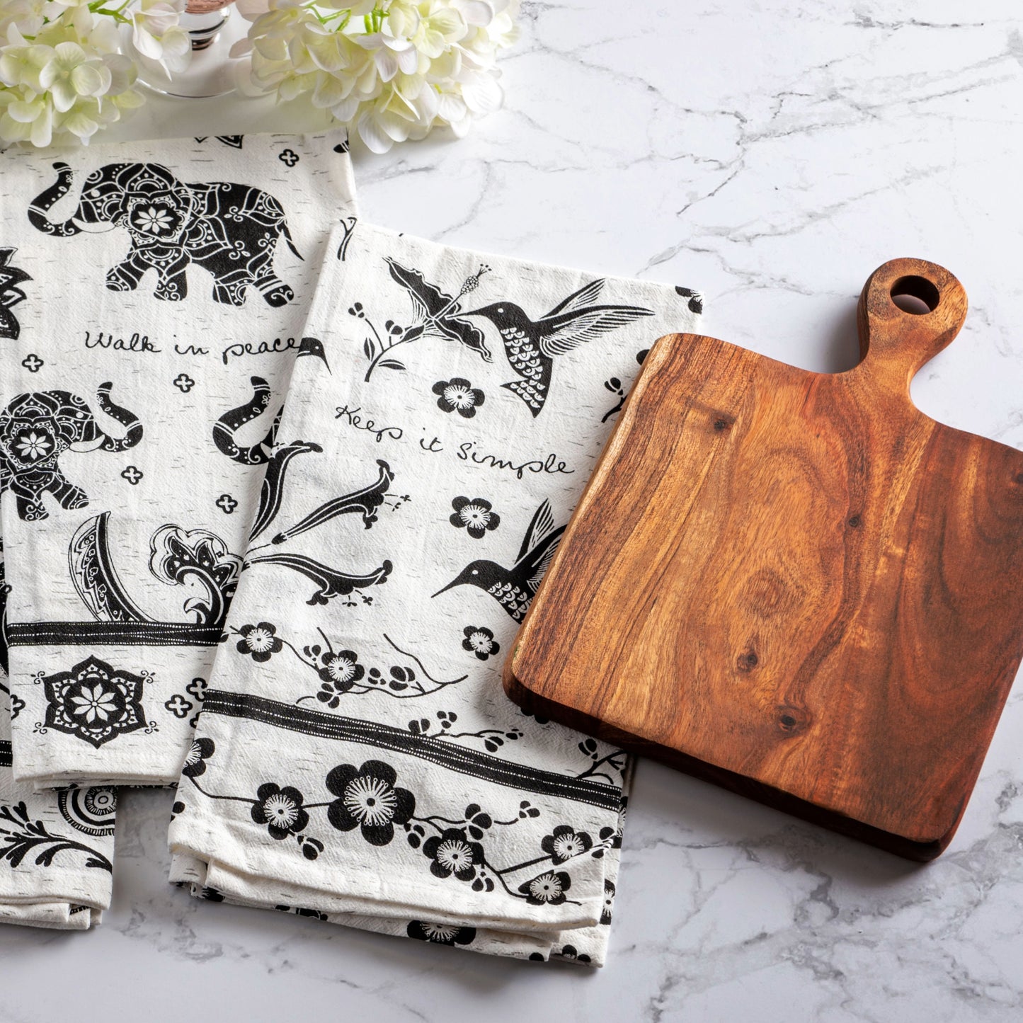 Flamingo Boho Tea Towels with Cutting Board