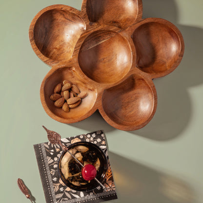 Flower Wood Shaped Serving Bowl with green background. 