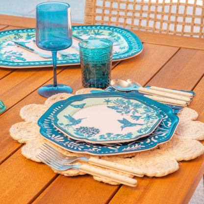 Hummingbirds Melamine Salad Plates in a table setting. 